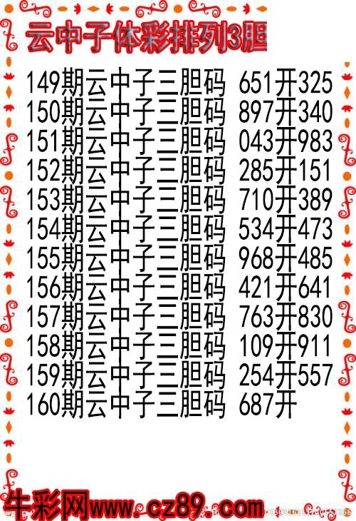 26年160期云中子体彩排列3胆码图