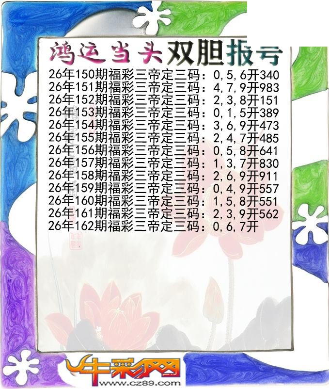 鸿运当头双胆报号162期体彩P3图谜